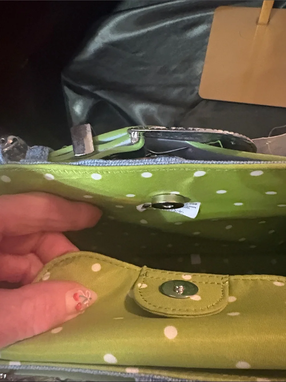 Denim Structured Tote with Lime Green Trim & Beaded Handles • Boutique Style • 2
